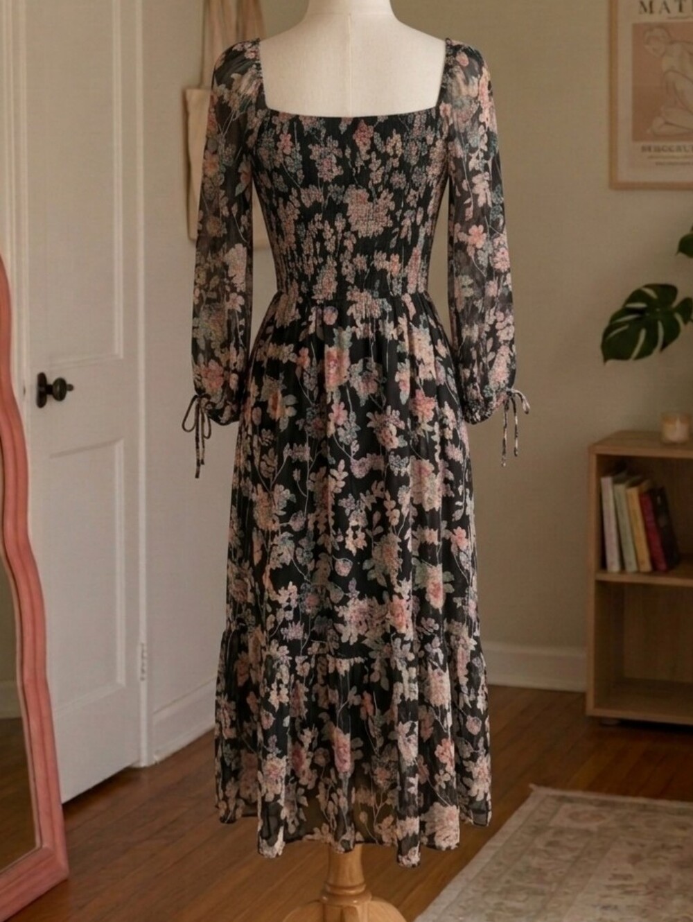 LC Lauren Conrad Black Floral Midi Dress with Pink and Green Accents - Picture 3 of 13